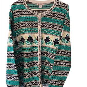 Fair Isle Cotton Cardigan Green/Navy/White Appleseed's Limited Edition Beaded